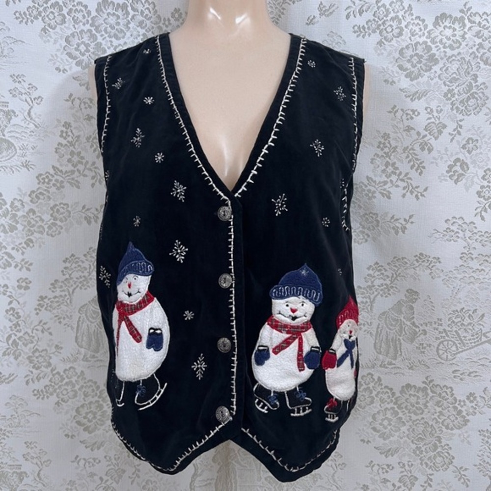 Vtg Tantrums Vest Holiday‎ Embroider Snowman Skating Velvet Black Button Festive